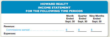 Howard Realty adjusts its accounts monthly but closes them only at the end of the calendar year.elow are the adjusted balances of the revenue and expense accounts at September 30 of the current year and at the ends of two earlier months:     Instructions  a.repare a three-column income statement, showing net income for three separate time periods, all of which end on September 30.se the format illustrated below.how supporting computations for the amounts of revenue in the first two columns.     b.riefly explain how you determined the dollar amounts for each of the three time periods.ould you apply the same process to the balances in Howard's balance sheet accounts Explain. c.ssume that Howard adjusts and closes its accounts at the end of each month.riefly explain how you then would determine the revenue and expenses that would appear in each of the three columns of the income statement prepared in part a.