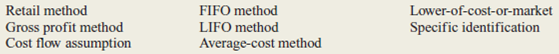 Listed below are eight technical accounting terms introduced in this chapter.     Each of the following statements may (or may not) describe one of these technical terms.or each statement, indicate the term described, or answer None if the statement does not correctly describe any of the terms. a. pattern of transferring unit costs from the Inventory account to the Cost of Goods Sold that may (or may not) parallel the physical flow of merchandise. b.he only flow assumption in which all units of merchandise are assigned the same per-unit cost. c.he method used to record the cost of goods sold when each unit in the inventory is unique. d.he most conservative of the flow assumptions during a period of sustained rising prices. e.he flow assumption that provides the most current valuation of inventory in the balance sheet. f. technique for estimating the cost of goods sold and the ending inventory that is based on the relationship between cost and sales price during the current accounting period.