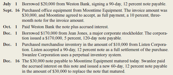 During the fiscal year ended December 31, Swanlee Corporation engaged in the following transactions involving notes payable:     Instructions  a.repare journal entries (in general journal form) to record the above transactions.se a 360-day year in making the interest calculations. b.repare the adjusting entry needed at December 31, prior to closing the accounts.se one entry for all three notes (round to the nearest dollar). c.rovide a possible explanation why the new 60-day note payable to Moontime Equipment pays 16 percent interest instead of the 10 percent rate charged on the September 16 note.