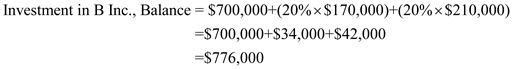 The Income statement is a report which states the revenues and expenditures for a given period and their difference gives us the net profit or net loss for that given period. The statement of stockholders' equity reports the changes in the stockholders' equity of the company for a given period'. The balance sheet reports the assets, liabilities, and stockholder's equity of a company for a given period. A Journal is a record of when a transaction has taken place and what are the accounts that were affected due to this transaction.  Investments of a company are recorded in various methods. One such method is equity method of investment accounting, using which the investees have a significant influence over the operating and financing activities, the corporations use the equity method of accounting these investments. In equity method, uses accrual basis of income recognition earned by the investee. Given that the W Inc., has acquired 20% shares of B Inc, for $700,000. Therefore, this transaction increases that investment in B Inc., account by $700,000.  Since the B Inc., reported net incomes of $170,000 and $210,000 in 2012 and 2013, respectively. The W Inc. has 20% share in the net income, and it has to be added to the investment in B Inc., account. Therefore,     Since the B Inc., paid dividend of $70,000 each in 2012 and 2013, in which W Inc will be paid from the net income. This has to be deducted from the investment account. Therefore,    Therefore, the equity method balance of W Inc's investment in B Inc as on December 31, 2013 is $748,000, which is option (b).
