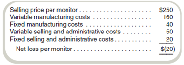 Special Orders  Owls Enterprises has a capacity to produce 400,000 computer monitors per year. The company is currently producing and selling 320,000 monitors per year at a selling price of $400 per monitor. The cost of producing and selling one monitor follows:     The company has received a special order for 20,000 monitors at a price of $250 per monitor. Because it does not have to pay a sales commission on the special order, the variable selling and administrative costs would be only $50 per monitor. The special order would have no effect on total fixed costs. The company has rejected the offer based on the following computations:     Required  Management is reviewing its decision and wants your advice. Should Owls have accepted the special order Show your computations.