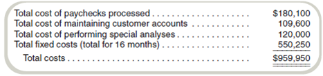 Account Analysis  The accounting department of a large limousine company is analyzing the costs of its services. The cost data and level of activity for the past 16 months follow:     In addition to the above information, you learn that the accounting department had the following total costs for the past 16 months for each of the following:     Required  a. What is the cost per unit for (1) paychecks processed, (2) customer accounts maintained, and (3) special analyses performed  b. Assuming the following level of cost-driver volumes for a month, what are the accounting department's estimated costs of doing business using the account analysis approach  •1,000 paychecks processed •200 customer accounts maintained •3 special analyses