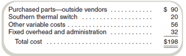 Transfer Pricing: Performance Evaluation Issues Cochise Corporation's Southern Division is operating at capacity. It has been asked by Northern Division to supply it a thermal switch, which Southern sells to its regular customers for $30 each. Northern, which is operating at 70 percent capacity, is willing to pay $20 each for the switch. Northern will put the switch into a kitchen appliance that it is manufacturing on a cost-plus basis for the Army. Southern has a $17 variable cost of producing the switch. The cost of the kitchen appliance as built by Northern follows:   Northern believes that the price concession is necessary to get the job. The company uses ROI and dollar profits in evaluating the division and divisional manager's performance. Required a. If you were Southern's division controller, would you recommend supplying the switch to Northern (Ignore any income tax issues.) Why or why not b. Would it be to the short-run economic advantage of Cochise Corporation for Southern to supply Northern with the switch at $20 each (Ignore any income tax issues.) Explain your answer. c. Discuss the organizational and managerial behavior difficulties, if any, inherent in this situation. As Cochise's controller, what would you advise the corporation's president to do in this situation<div style=padding-top: 35px> 