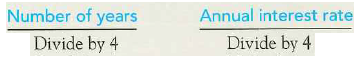 If interest is compounded quarterly, rather than yearly, how do you adjust the number of years and annual interest rate when using the present value tables A) B) C) D)