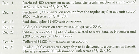 Recording Inventory Transactions, Making Accrual and Deferral Adjustments, and Preparing and Evaluating Financial Statements (Chapters 4, 6, and 7)  College Coasters is a San Antonio-based merchandiser specializing in logo-adorned drink coasters. The company reported the following balances in its unadjusted trial balance at December 1, 2012.     The company buys coasters from one supplier. All amounts in Accounts Payable on December 1 are owed to that supplier. The inventory on December 1, 2012, consisted of 1,000 coasters, all of which were purchased in a batch on July 10 at a unit cost of $0.50. College Coasters records its inventory using perpetual inventory accounts and the FIFO cost flow method. During December 2012, the company entered into the following transactions. Some of these transactions are explained in greater detail below.     Ocher relevant information includes the following: a. College Coasters has not yet recorded $200 of selling expenses incurred in December on account. b. The company estimates that the equipment depreciates at a rate of $10 per month. One month of depreciation needs to be recorded. c. Wages for the period from December 23-31 are $100 and will be paid on January 15, 2013. d. The $600 of Prepaid Rent relates to a six-month period ending on May 31, 2013. e. No shrinkage or damage was discovered when the inventory was counted on December 31, 2012. f. The company did not declare dividends and there were no transactions involving contributed capital. g. The company has a 30 percent tax rate and has made no tax payments this year. Required:  1. Analyze the accounting equation effects of each transaction and any adjustments required at month-end. 2. Prepare journal entries to record each transaction and any adjustments required at month-end. 3. Summarize the journal entries in T-accounts. Be sure to include the balances on December 1, 2012, as beginning account balances. 4. Prepare the year-end Income Statement, Statement of Stockholders' Equity, and classified Balance Sheet, using the formats presented in Exhibits 6.11, 5.8, and 5.6. 5. Calculate to one decimal place the inventory turnover ratio and days to sell in 2012, assuming that inventory was $500 on January 1, 2012. Evaluate these measures in comparison to an inventory turnover ratio of 12.0 during the year ended December 31, 2011.