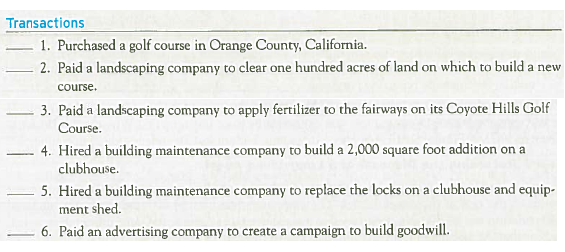 Deciding Whether to Capitalize or Expense American Golf Corporation operates over 110 golf courses throughout the country. For each of the following items, enter the correct letter to show whether the cost should be capitalized (C) or expensed (E).