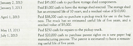 Recording Transactions and Adjustments for Tangible and Intangible Assets  The following transactions and adjusting entries were completed by a paper-packaging company called Gravure Graphics International. The company uses straight-line depreciation for trucks and other vehicles, double-declining-balance depreciation for buildings, and straight-line amortization for patents.         Required:  Give the journal entries required on each of the above dates.