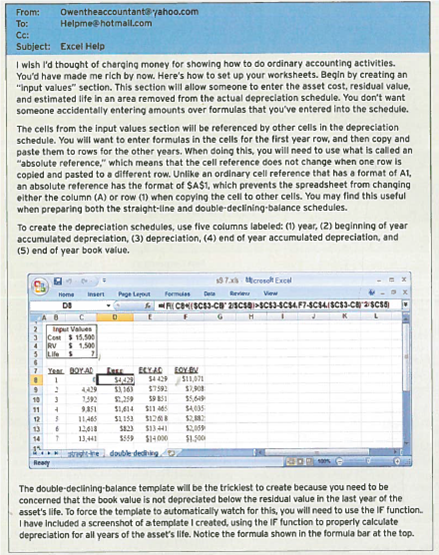 Preparing Depreciation Schedules for Straight-Line and Double-Declining-Balance  To make some extra money, you've started preparing templates of business forms and schedules for others to download from the Internet (for a small fee). After relevant information is entered into each template, it automatically performs calculations using formulas you have entered into the template. For the depreciation template, you decide to produce two worksheets-one that calculates depreciation and book value under the straight-line method and another that calculates these amounts using the double-declining-balance method. The templates perform straightforward calculations of depreciation and book value, when given the cost of an asset, its estimated useful life, and its estimated residual value. These particular templates won't handle disposals or changes in estimates-you plan to create a deluxe version for those functions. To illustrate that your templates actually work, you enter the information used to produce the depreciation schedules shown in Exhibit 9.6, with Cedar Fair and Six Flags as examples. Although you're confident you can use appropriate formulas in the spreadsheet to create a template for the straight-line method, you're a little uncertain about how to make the double declining-balance method work. As usual, you e-mail your friend Owen for advice. Here's what he said:     Required:  Create the spreadsheet templates to calculate depreciation and book value using the straight-line and double-declining-balance methods. Demonstrate that the template works by reproducing the schedules in Exhibit 9.6. TIP: To switch between displaying cell formulas and their values, press CTRL and ~ (tilde) at the same time. Also, Use Excel's help feature to obtain further information about the IF function.