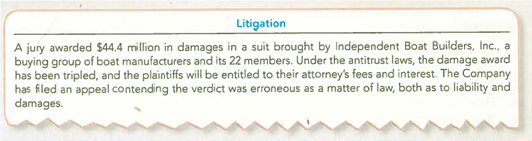 Determining Financial Statement Reporting of Contingent Liabilities  Brunswick Corporation is a multinational company that manufactures and sells marine and recreational products. A prior annual report contained the following information:     Required:  What are the alternative ways in which Brunswick could account for this litigation  TIP: Consider the different possible outcomes that could arise from the appeal.