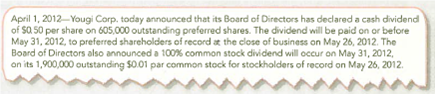 Recording Cash and Stock Dividends  Yougi Corp. is an animation studio operating in South Florida. A recent press release contained the following information:     Required:  1. Prepare any journal entries that Yougi Corp. should make as the result of information in the preceding report. 2. What two requirements would the board of directors have considered before making the dividend decision