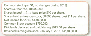 Finding Missing Amounts  At December 31, 2013, the records of Seacrest Enterprises provided the following selected and incomplete data:     Required:  1. Complete the following: Shares issued ________. Shares outstanding _________. 2. The balance in Additional Paid-in Capital would be $ _____. 3. Earnings per share is $ ________ Round your answer to two decimal places. 4. Total dividends paid on common stock during 2013 is $ _______. 5. Treasury stock should be reported in the stockholders' equity section of the balance sheet in the amount of $ _________. 6. Assume that the board of directors voted a 2-for-l stock split. After the stock split, the par value per share will be $ ___________. 7. Disregard the stock split (assumed above). Assume instead that a 100 percent stock dividend was declared and issued after the treasury stock had been acquired, when the stock price of the common stock was S21. Compute the dollar amount at which to record the stock dividend.
