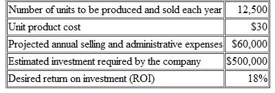 Absorption Cost ing Approach to Setting a Selling Price  Naylor Company is considering the introduction of a new product. Management has gathered the following information:    The company uses the absorption costing approach to cost-plus pricing. R equired:  1. Compute the markup required to achieve the desired ROI. 2. Compute the target selling price per unit.