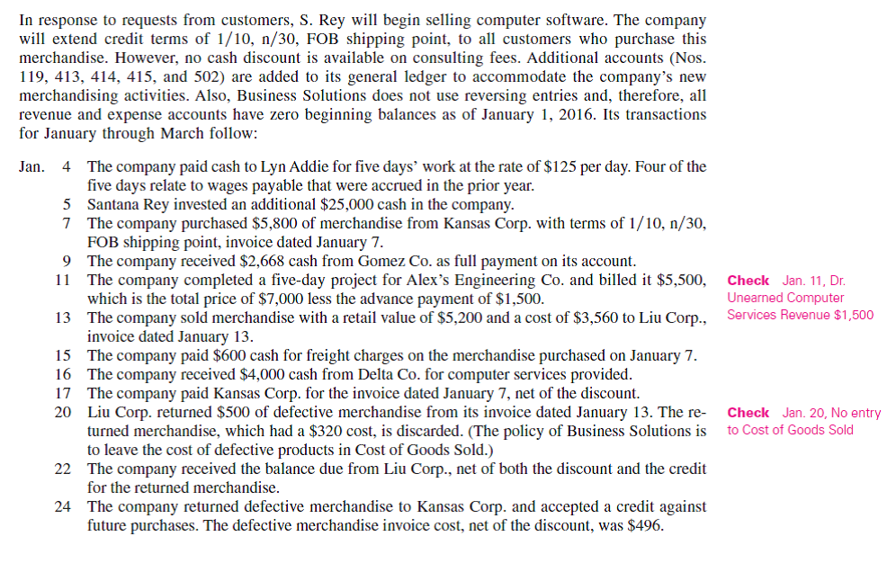 (This serial problem began in Chapter 1 and continues through most of the book. If previous chapter segments were not completed, the serial problem can begin at this point. It is helpful, but not necessary, to use the Working Papers that accompany the book.)  Santana Rey created Business Solutions on October 1, 2015. The company has been successful, and its list of customers has grown. To accommodate the growth, the accounting system is modified to set up separate accounts for each customer. The following chart of accounts includes the account number used for each account and any balance as of December 31, 2015. Santana Rey decided to add a fourth digit with a decimal point to the 106 account number that had been used for the single Accounts Receivable account. This change allows the company to continue using the existing chart of accounts.           