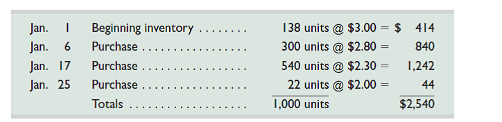 Flora's Gifts reported the following current-month data for its only product. The company uses a periodic inventory system, and its ending inventory consists of 60 units-50 units from the January 6 purchase, and 10 units from the January 25 purchase. Determine the cost assigned to ending inventory and to cost of goods sold using ( a ) specific identification, ( b ) weighted average, ( c ) FIFO, and ( d ) LIFO. (Round per unit costs and inventory amounts to cents.) Which method yields the lowest net income    