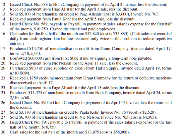 The April transactions of Wiset Company are described in Problem 7-2A. Required  1. Prepare a general journal, a purchases journal like that in Exhibit 7.9, and a cash disbursements journal like that in Exhibit 7.11. Number all journal pages as page 3. Review the April transactions of Wiset Company and enter those transactions that should be journalized in the general journal, the purchases journal, or the cash disbursements journal. Ignore any transactions that should be journalized in a sales journal or cash receipts journal. 2. Open the following general ledger accounts: Cash; Inventory; Office Supplies; Store Supplies; Store Equipment; Accounts Payable; Long-Term Notes Payable; B. Wiset, Capital; Sales Salaries Expense; and Advertising Expense. Enter the March 31 balances of Cash ($85,000), Inventory ($125,000), Long-Term Notes Payable ($110,000), and B. Wiset, Capital ($100,000). Also open accounts payable subsidiary ledger accounts for Hal's Supply, Noth Company, Grant Company, and Custer, Inc. 3. Verify that amounts that should be posted as individual amounts from the journals have been posted. (Such items are immediately posted.) Foot and crossfoot the journals and make the month-end postings. 4. Prepare a trial balance of the general ledger accounts opened as required for part 2; then prepare a schedule of accounts payable. Reference: Exhibit 7.9      Exhibit 7.11      Reference: Problem 7-2A.  Wiset Company completes these transactions during April of the current year (the terms of all its credit sales are 2/10, n/30). Apr. 2 Purchased $14,300 of merchandise on credit from Noth Company, invoice dated April 2, terms 2/10, n/60. 3 Sold merchandise on credit to Page Alistair, Invoice No. 760, for $4,000 (cost is $3,000). 3 Purchased $1,480 of office supplies on credit from Custer, Inc. Invoice dated April 2, terms n/10 EOM. 4 Issued Check No. 587 to World View for advertising expense, $899. 5 Sold merchandise on credit to Paula Kohr, Invoice No. 761, for $8,000 (cost is $6,500). 6 Received an $80 credit memorandum from Custer, Inc., for the return of some of the office supplies received on April 3. 9 Purchased $12,125 of store equipment on credit from Hal's Supply, invoice dated April 9, terms n/10 EOM.  11 Sold merchandise on credit to Nic Nelson, Invoice No. 762, for $10,500 (cost is $7,000).     Required  1. Prepare a sales journal like that in Exhibit 7.5 and a cash receipts journal like that in Exhibit 7.7. Number both journal pages as page 3. Then review the transactions of Wiset Company and enter those that should be journalized in the sales journal and those that should be journalized in the cash receipts journal. Ignore any transactions that should be journalized in a purchases journal, a cash disbursements journal, or a general journal. 2. Open the following general ledger accounts: Cash; Accounts Receivable; Inventory; Long-Term Notes Payable; B. Wiset, Capital; Sales; Sales Discounts; and Cost of Goods Sold. Enter the March 31 balances for Cash ($85,000), Inventory ($125,000), Long-Term Notes Payable ($110,000), and B. Wiset, Capital ($100,000). Also open accounts receivable subsidiary ledger accounts for Paula Kohr, Page Alistair, and Nic Nelson. 3. Verify that amounts that should be posted as individual amounts from the journals have been posted. (Such items are immediately posted.) Foot and crossfoot the journals and make the month-end postings. 4. Prepare a trial balance of the general ledger accounts opened as required for part 2; then prove the accuracy of the subsidiary ledger by preparing a schedule of accounts receivable. Analysis Component  5. Assume that the total for the schedule of accounts receivable does not equal the balance of the controlling account in the general ledger. Describe steps you would take to discover the error(s). Reference: Exhibit 7.5      Exhibit 7.7    