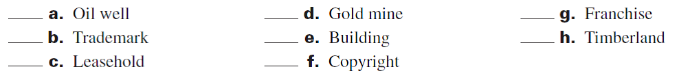Identify the following assets a through h as reported on the balance sheet as intangible assets (IA), natural resources (NR), or other (O).