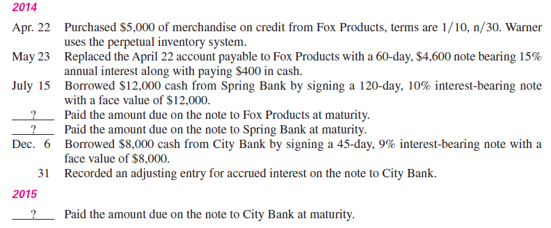 Warner Co. entered into the following transactions involving short-term liabilities in 2014 and 2015.     Required  1. Determine the maturity date for each of the three notes described. 2. Determine the interest due at maturity for each of the three notes. (Assume a 360-day year.) 3. Determine the interest expense to be recorded in the adjusting entry at the end of 2014. 4. Determine the interest expense to be recorded in 2015. 5. Prepare journal entries for all the preceding transactions and events for years 2014 and 2015.