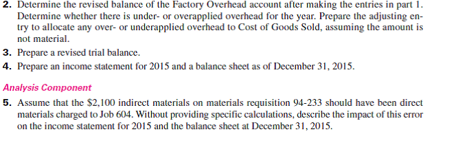 Cavallo Mfg.'s computer system generated the following trial balance on December 31, 2015. The company's manager knows that the trial balance is wrong because it does not show any balance for Work in Process Inventory but does show a balance for the Factory Overhead account. In addition, the accrued factory payroll (Factory Payroll Payable) has not been recorded.