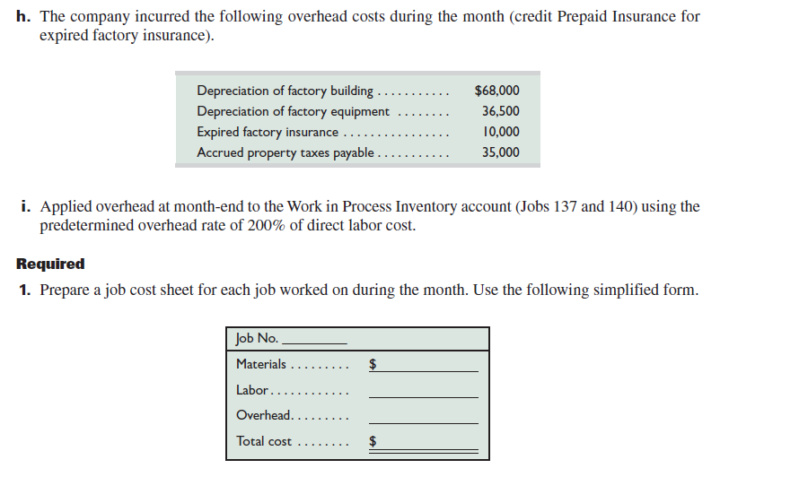 Widmer Watercraft's predetermined overhead rate for 2015 is 200% of direct labor. Information on the company's production activities during May 2015 follows. a. Purchased raw materials on credit, $200,000. b. Materials requisitions record use of the following materials for the month.         2. Prepare journal entries to record the events and transactions a through i.  3. Set up T-accounts for each of the following general ledger accounts, each of which started the month with a zero balance: Raw Materials Inventory; Work in Process Inventory; Finished Goods Inventory; Factory Overhead; Cost of Goods Sold. Then post the journal entries to these T-accounts and determine the balance of each account. 4. Prepare a report showing the total cost of each job in process and prove that the sum of their costs equals the Work in Process Inventory account balance. Prepare similar reports for Finished Goods Inventory and Cost of Goods Sold.