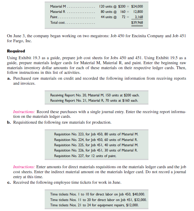 King Company produces variations of its product, a megatron, in response to custom orders from its customers. On June 1, the company had no inventories of work in process or finished goods but held the following raw materials.     Instructions: Record direct labor from the time tickets on the job cost sheets. Do not record a journal entry at this time. d. Paid cash for the following items during the month: factory payroll, $84,000, and miscellaneous overhead items, $36,800. Use the time tickets to record the total direct and indirect labor costs. Instructions: Record these payments with journal entries. e. Finished Job 450 and transferred it to the warehouse. The company assigns overhead to each job with a predetermined overhead rate equal to 70% of direct labor cost. Instructions: Enter the allocated overhead on the cost sheet for Job 450, fill in the cost summary section of the cost sheet, and then mark the cost sheet Finished. Prepare a journal entry to record the job's completion and its transfer to Finished Goods. f. Delivered Job 450 and accepted the customer's promise to pay $290,000 within 30 days. Instructions: Prepare journal entries to record the sale of Job 450 and the cost of goods sold. g. Applied overhead cost to Job 451 based on the job's direct labor used to date. Instructions: Enter overhead on the job cost sheet but do not make a journal entry at this time. h. Recorded the total direct and indirect materials costs as reported on all the requisitions for the month. Instructions: Prepare a journal entry to record these. i. Recorded the total overhead costs applied to jobs. Instructions: Prepare a journal entry to record the allocation of these overhead costs. j. Compute the balance in the Factory Overhead account as of the end of June.