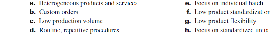 Label each item a through h below as a feature of either a job order or process operation.