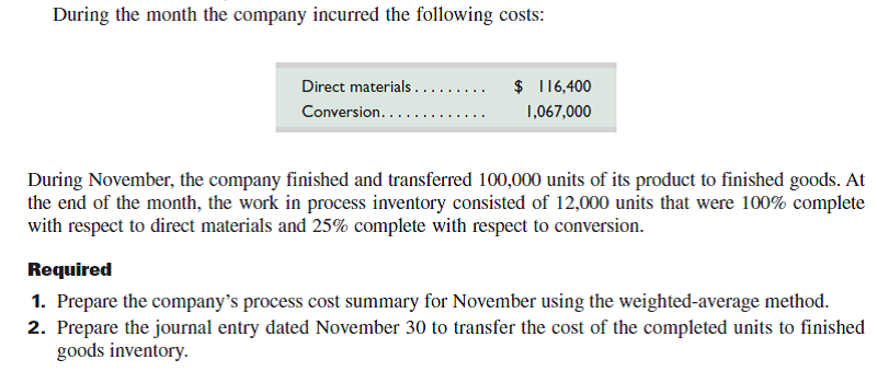 Braun Company produces its product through a single processing department. Direct materials are added at the beginning of the process. Conversion costs are added to the product evenly throughout the process. The company uses monthly reporting periods for its weighted-average process costing. The Work in Process Inventory account had a balance of $21,300 on November 1, which consisted of $6,800 of direct materials and $14,500 of conversion costs.