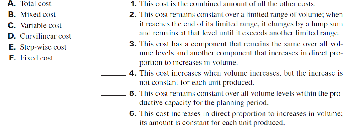 The left column lists several cost classifications. The right column presents short definitions of those costs. In the blank space beside each of the numbers in the right column, write the letter of the cost best described by the definition.