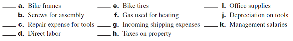 JPAK Company manufactures and sells mountain bikes. It normally operates eight hours a day, five days a week. Using this information, classify each of the following costs as fixed or variable. If additional information would affect your decision, describe the information.