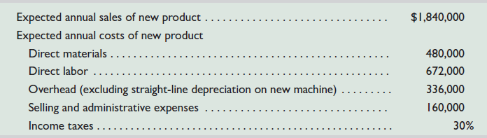 Factor Company is planning to add a new product to its line. To manufacture this product, the company needs to buy a new machine at a $480,000 cost with an expected four-year life and a $20,000 salvage value. All sales are for cash, and all costs are out-of-pocket, except for depreciation on the new machine. Additional information includes the following.   Required 1. Compute straight-line depreciation for each year of this new machine's life. (Round depreciation amounts to the nearest dollar.) 2. Determine expected net income and net cash flow for each year of this machine's life. (Round answers to the nearest dollar.) 3. Compute this machine's payback period, assuming that cash flows occur evenly throughout each year. (Round the payback period to two decimals.) 4. Compute this machine's accounting rate of return, assuming that income is earned evenly throughout each year. (Round the percentage return to two decimals.) 5. Compute the net present value for this machine using a discount rate of 7% and assuming that cash flows occur at each year-end. ( Hint: Salvage value is a cash inflow at the end of the asset's life. Round the net present value to the nearest dollar.)<div style=padding-top: 35px> 