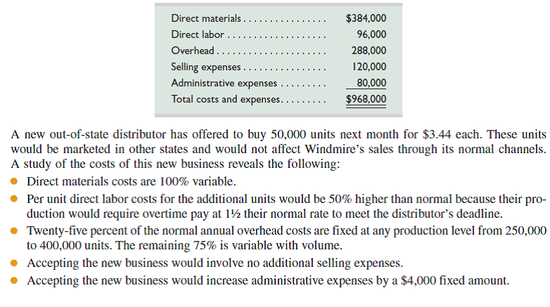 Windmire Company manufactures and sells to local wholesalers approximately 300,000 units per month at a sales price of $4 per unit. Monthly costs for the production and sale of this quantity follow.   Required Prepare a three-column comparative income statement that shows the following: 1. Monthly operating income without the special order (column 1). 2. Monthly operating income received from the new business only (column 2). 3. Combined monthly operating income from normal business and the new business (column 3).<div style=padding-top: 35px> 
