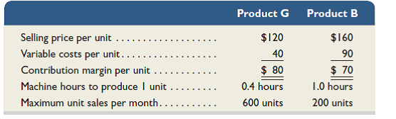 Edgerron Company is able to produce two products, G and B, with the same machine in its factory. The following information is available.   The company presently operates the machine for a single eight-hour shift for 22 working days each month. Management is thinking about operating the machine for two shifts, which will increase its productivity by another eight hours per day for 22 days per month. This change would require $15,000 additional fixed costs per month. Required 1. Determine the contribution margin per machine hour that each product generates. 2. How many units of Product G and Product B should the company produce if it continues to operate with only one shift How much total contribution margin does this mix produce each month 3. If the company adds another shift, how many units of Product G and Product B should it produce How much total contribution margin would this mix produce each month Should the company add the new shift Explain. 4. Suppose that the company determines that it can increase Product G's maximum sales to 700 units per month by spending $12,000 per month in marketing efforts. Should the company pursue this strategy and the double shift Explain.<div style=padding-top: 35px> 