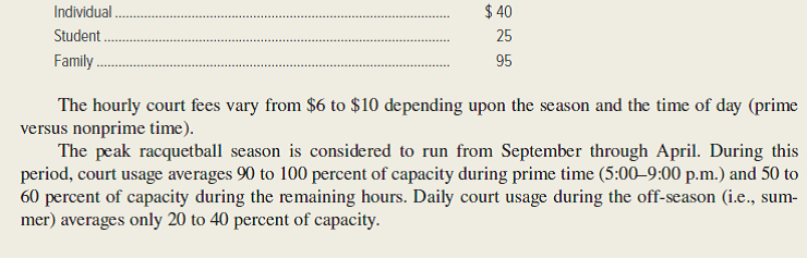 City Racquetball Club (CRC) offers racquetball and other physical fitness facilities to its members. There are four of these clubs in the metropolitan area. Each club has between 1,800 and 2,500 members. Revenue is derived from annual membership fees and hourly court fees. The annual membership fees are as follows:    <div style=padding-top: 35px> 