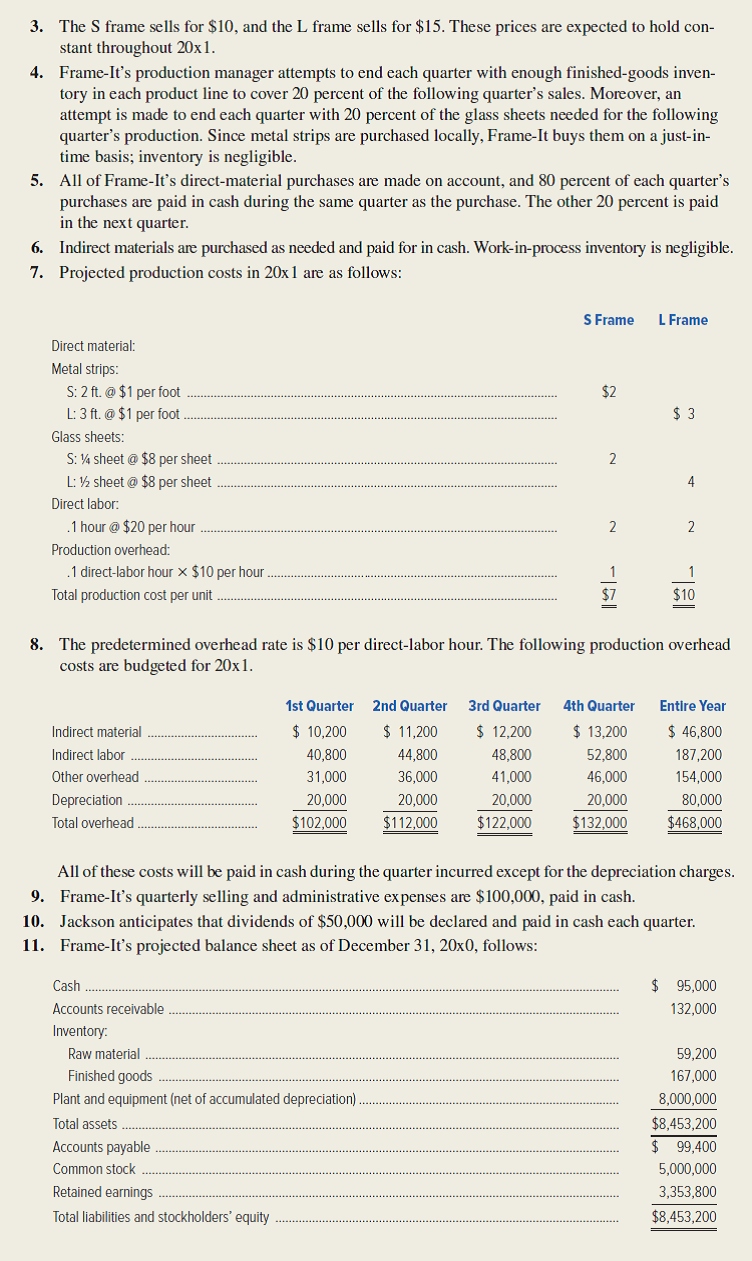 Jeffrey Vaughn, president of Frame-It Company, was just concluding a budget meeting with his senior staff. It was November of 20x0, and the group was discussing preparation of the firm's master budget for 20x1. I've decided to go ahead and purchase the industrial robot we've been talking about. We'll make the acquisition on January 2 of next year, and I expect it will take most of the year to train the personnel and reorganize the production process to take full advantage of the new equipment.          <div style=padding-top: 35px> 