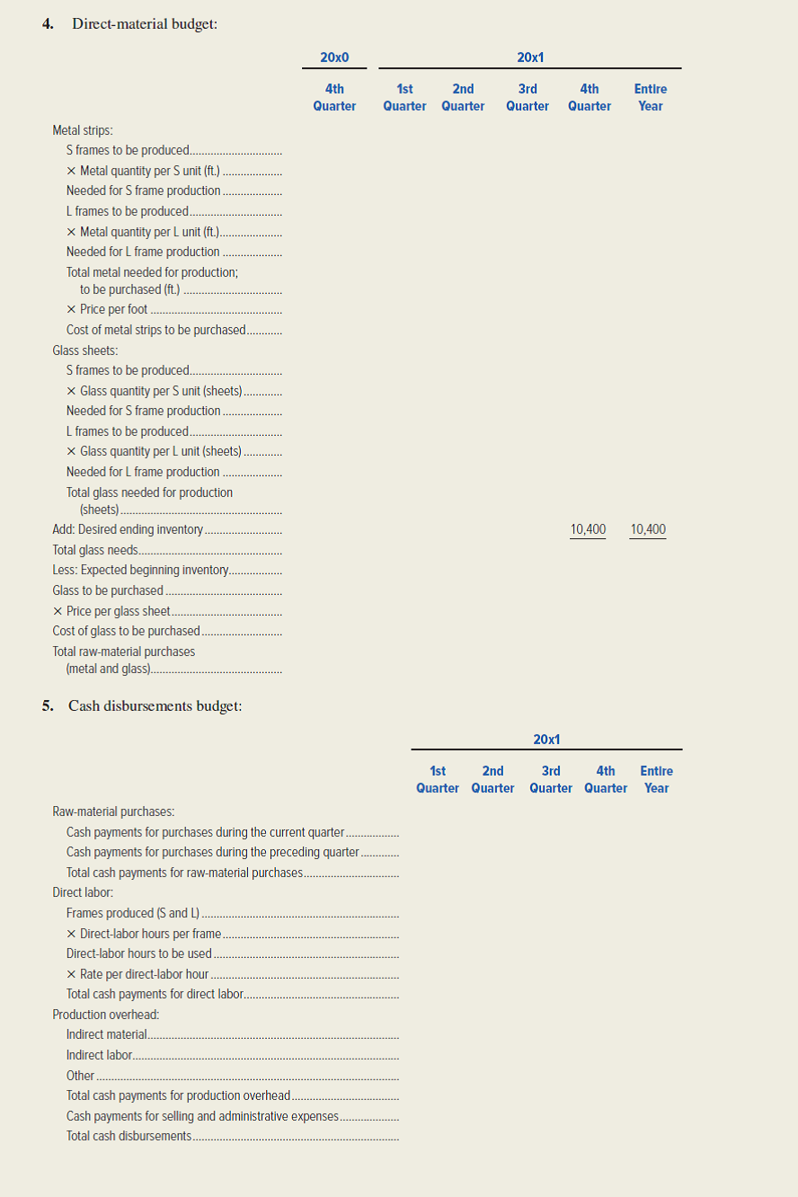 Jeffrey Vaughn, president of Frame-It Company, was just concluding a budget meeting with his senior staff. It was November of 20x0, and the group was discussing preparation of the firm's master budget for 20x1. I've decided to go ahead and purchase the industrial robot we've been talking about. We'll make the acquisition on January 2 of next year, and I expect it will take most of the year to train the personnel and reorganize the production process to take full advantage of the new equipment.          <div style=padding-top: 35px> 