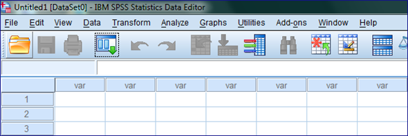 Instructions: Double Click on the SPSS icon on the desktop. Then we get the following window, On the tool bar we have the following option: File, Edit, View, Data, Transform, Analyze, Graphs, Utilities, Add-ons, Window, and Help, File is mainly used to open and save data files. Another option most commonly used is analyze, in which we have all statistical analysis option. To draw graphs we use graphs option. To get more information we have option help, in that we have tutorial to learn the use of SPSS. To exit from the SPSS, Go to file option and Exit or just close the SPSS window.