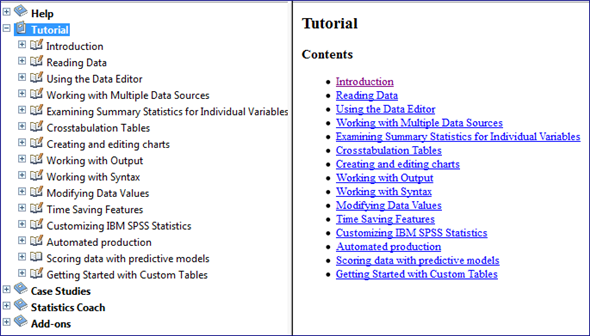 To read the tutorial of SPSS follow the instructions below: Step 1: We get the following window: Step 2: Expand the tutorial by click on + the resultant window is as follows: Step 3: Now click on Introduction then we get the following window: