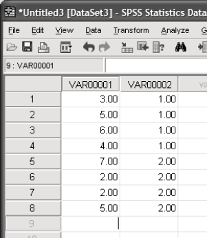 It is possible to have more than one data source open in SPSS. In this exercise, data from two. sav files will be opened. 1. Start SPSS and read in the file Ex21demo.sav created in exercise 1. 2. Open a new Data Editor window. Do this using the File menu to select Open , then Data. Specify the file name Ex25.sav as the file name. 3. Move between the windows of SPSS Statistics Data Editor by clicking in any visible part of the window that is obscured, by clicking the icon for the data set in the Windows taskbar, or by using the keyboard key combination Alt-Tab. Exercise 1 1. Type the data shown in the picture below into the SPSS Statistics Data Editor : 2. Save the data to your desktop as Ex2.1.sav