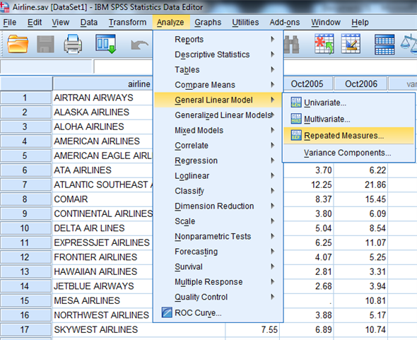 1) We test to determine whether the significant change in the mean rate of mishandled baggage over the three years period. Using SPSS, following is the procedure for obtaining the ANOVA output for the given data. 1) Select Analyze, general linear model and repeated measures. 2) When Repeated measures define Factor(s) dialog box appears type time in within subject factor name and 3 in number of levels. Presss Add button and select define option. 3) Shift Click to highlight each level name then transfer them by clicking this button. 4) Select Options and Continue buttons. 5) Click Plots button. 6) Click to highlight the factor name then transfer it to the Horizontal Axis, click Add button and Continue. 7) Click Ok to run the analysis. The output is shown below: The table below shows the name given to the factor and the number of levels of the factor together with their names. The table below shows the mean and standard deviation of each time period. The table below shows the value and its level of significance for testing the equality of means of the factor. From the output test within subject effect the P -value is 0.000, it is very less, so there is a significant change in the mean rate of mishandled baggage over the three years periods. 2) We test to determine whether there is significant linear trend in the mean rate of mishandled baggage over the three years period. The null and alternative hypotheses are, There is no significant linear trend in the mean rate of mishandled baggage over the three years period. There is significant linear trend in the mean rate of mishandled baggage over the three years period. Under the null hypothesis the test statistic is defined as, From the output test of within subjects effects , The is 44.615 The value is 0.000 Here we observe that the value is less, so the linear effect of the time is highly significanct.