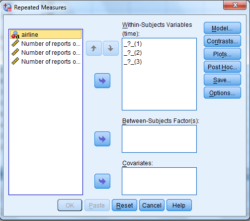 1) We test to determine whether the significant change in the mean rate of mishandled baggage over the three years period. Using SPSS, following is the procedure for obtaining the ANOVA output for the given data. 1) Select Analyze, general linear model and repeated measures. 2) When Repeated measures define Factor(s) dialog box appears type time in within subject factor name and 3 in number of levels. Presss Add button and select define option. 3) Shift Click to highlight each level name then transfer them by clicking this button. 4) Select Options and Continue buttons. 5) Click Plots button. 6) Click to highlight the factor name then transfer it to the Horizontal Axis, click Add button and Continue. 7) Click Ok to run the analysis. The output is shown below: The table below shows the name given to the factor and the number of levels of the factor together with their names. The table below shows the mean and standard deviation of each time period. The table below shows the value and its level of significance for testing the equality of means of the factor. From the output test within subject effect the P -value is 0.000, it is very less, so there is a significant change in the mean rate of mishandled baggage over the three years periods. 2) We test to determine whether there is significant linear trend in the mean rate of mishandled baggage over the three years period. The null and alternative hypotheses are, There is no significant linear trend in the mean rate of mishandled baggage over the three years period. There is significant linear trend in the mean rate of mishandled baggage over the three years period. Under the null hypothesis the test statistic is defined as, From the output test of within subjects effects , The is 44.615 The value is 0.000 Here we observe that the value is less, so the linear effect of the time is highly significanct.