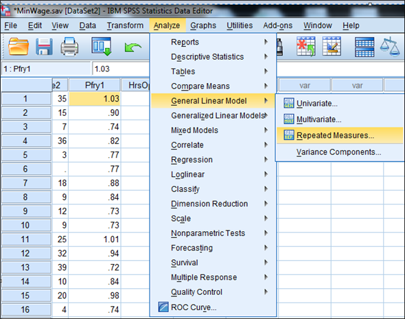 From the given information in the state variable 0 represents the Pennsylvania. And 1 represents New Jersey 1) We test to determine whether the change in price of a small fry before ( Pfry1) and after ( Pfry2) the wage raise differs significantly in New Jersey. Using SPSS, following is the procedure for obtaining the ANOVA output for the given data. 1) Select Analyze, general linear model and repeated measures. 2) When Repeated measures define Factor(s) dialog box appears type price in within subject factor name and 2 in number of levels. Press Add button and select define option. 3) Shift Click to highlight each level name then transfer them by clicking this button. 4) Select Options and Continue buttons. 5) Click Plots button. 6) Click to highlight the factor name then transfer it to the Horizontal Axis, click Add button and Continue. 7) Click Ok to run the analysis. The output is shown below: The table below shows the name given to the factor and the number of levels of the factor together with their names. The table below shows the mean and standard deviation of each time period. The table below shows the value and its level of significance for testing the equality of means of the factor. We test to determine whether there is significant change in the mean price of small fry before and after the wage rise. The null and alternative hypotheses are, There is no significant change in the mean price of small fry before and after the wage rise. There is significant change in the mean price of small fry before and after the wage rise. Under the null hypothesis the test statistic is defined as, From the output test of within subjects effects , The is 17.067 The value is 0.000 Here we observe that the value is less, so we reject the null hypothesis. Therefore, we conclude that there is significant change in the mean price of small fry before and after the wage rise. 2) We test to determine whether the change in price of a small fry before ( Pfry1) and after ( Pfry2) the wage raise differs significantly in Pennsylvania. Using SPSS, following is the procedure for obtaining the ANOVA output for the given data. 1) Select Analyze, general linear model and repeated measures. 2) When Repeated measures define Factor(s) dialog box appears type price in within subject factor name and 2 in number of levels. Press Add button and select define option. 3) Shift Click to highlight each level name then transfer them by clicking this button. 4) Select Options and Continue buttons. 5) Click Plots button. 6) Click to highlight the factor name then transfer it to the Horizontal Axis, click Add button and Continue. 7) Click Ok to run the analysis. The output is shown below: The table below shows the name given to the factor and the number of levels of the factor together with their names. The table below shows the mean and standard deviation of each time period. The table below shows the value and its level of significance for testing the equality of means of the factor. We test to determine whether there is significant change in the mean price of small fry before and after the wage rise. The null and alternative hypotheses are, There is no significant change in the mean price of small fry before and after the wage rise. There is significant change in the mean price of small fry before and after the wage rise. Under the null hypothesis the test statistic is defined as, From the output test of within subjects effects , The is 6.750 The value is 0.011 Here we observe that the value is less, so we reject the null hypothesis. Therefore, we conclude that there is significant change in the mean price of small fry before and after the wage rise.