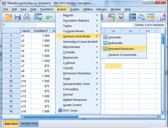 We test to determine whether the means are significantly differ. Here we take Preccnp referred to condition1. Preccpp referred to condition2 Preccnn referred to condition3 Using SPSS, following is the procedure for obtaining the Pairwise comparisons output for the given data. 1) Select Analyze, general linear model and repeated measures. 2) When Repeated measures define Factor(s) dialog box appears type time in within subject factor name and 3 in number of levels. Presss Add button and select define option. 3) Shift Click to highlight each level name then transfer them by clicking this button. 4) Select Options transfer the variable to Display means for text box, Click compare main effect, Select Sidak and Continue buttons. 5) Click Plots button. 6) Click to highlight the factor name then transfer it to the Horizontal Axis, click Add button and Continue. 7) Click Ok to run the analysis. The output is shown below: The table below shows the name given to the factor and the number of levels of the factor together with their names. The table below shows the mean and standard deviation of each time period. From the above output, it can be seen that the P - values for the means of condition1, condtion2 and condition3 are less. Therefore, the means of condition1 and condition2, condition1 and condition3, condition2 and condition3 are signficantly different.