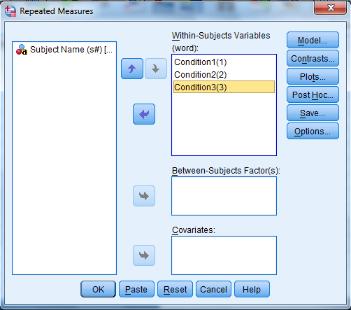 We test to determine whether the means are significantly differ. Here we take Preccnp referred to condition1. Preccpp referred to condition2 Preccnn referred to condition3 Using SPSS, following is the procedure for obtaining the Pairwise comparisons output for the given data. 1) Select Analyze, general linear model and repeated measures. 2) When Repeated measures define Factor(s) dialog box appears type time in within subject factor name and 3 in number of levels. Presss Add button and select define option. 3) Shift Click to highlight each level name then transfer them by clicking this button. 4) Select Options transfer the variable to Display means for text box, Click compare main effect, Select Sidak and Continue buttons. 5) Click Plots button. 6) Click to highlight the factor name then transfer it to the Horizontal Axis, click Add button and Continue. 7) Click Ok to run the analysis. The output is shown below: The table below shows the name given to the factor and the number of levels of the factor together with their names. The table below shows the mean and standard deviation of each time period. From the above output, it can be seen that the P - values for the means of condition1, condtion2 and condition3 are less. Therefore, the means of condition1 and condition2, condition1 and condition3, condition2 and condition3 are signficantly different.