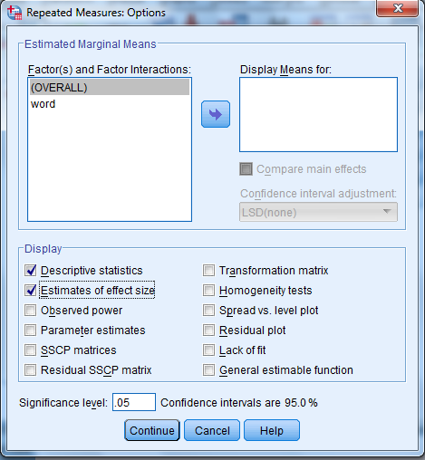 We test to determine whether the means are significantly differ. Here we take Preccnp referred to condition1. Preccpp referred to condition2 Preccnn referred to condition3 Using SPSS, following is the procedure for obtaining the Pairwise comparisons output for the given data. 1) Select Analyze, general linear model and repeated measures. 2) When Repeated measures define Factor(s) dialog box appears type time in within subject factor name and 3 in number of levels. Presss Add button and select define option. 3) Shift Click to highlight each level name then transfer them by clicking this button. 4) Select Options transfer the variable to Display means for text box, Click compare main effect, Select Sidak and Continue buttons. 5) Click Plots button. 6) Click to highlight the factor name then transfer it to the Horizontal Axis, click Add button and Continue. 7) Click Ok to run the analysis. The output is shown below: The table below shows the name given to the factor and the number of levels of the factor together with their names. The table below shows the mean and standard deviation of each time period. From the above output, it can be seen that the P - values for the means of condition1, condtion2 and condition3 are less. Therefore, the means of condition1 and condition2, condition1 and condition3, condition2 and condition3 are signficantly different.