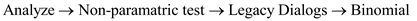 To test this question, a binomial test could be performed. Here, the number of unmarried women is 10 and the number of married women is 102. These data could be entered in the SPSS Data Editor in the following way: Instructions: The values of the numeric variable Status would be weighted by values of the variable Number. Go to Select weight cases by and specify the frequency variables (Number). The binomial test would be run using the test proportion is 0.34. Under this test the null and alternative hypotheses are Let us assume the level of significance is Use Non-parametric binomial test to analyze the data. Go to Specify the test variable list (Number) Select get from data Specify the test proportion 0.34 Click ok. Click on Options Check Descriptive Select Exclude cases test-by-test Click Continue Then Click Ok By following the above instructions we get the output as shown below: From the above output we have the calculated P -value as 0.000. Since, the value is less than 0.05 level of significance, we reject the null hypothesis and conclude that the population proportion is differ from 0.34.