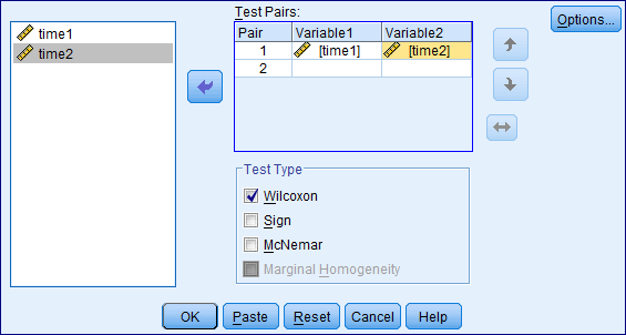 Because the data are paired, that is, each participant provides a reading time for the first and the second page, the data may be analyzed using a Wilcoxon signed ranks test. Under this test the null and alternative hypotheses are, The median time to read the two different pages is identical. The median times to read the two different pages are differ significantly. Let us assume the level of significance is Use SPSS to test the null hypothesis and to find the test statistic value. Instructions: 1. Go to And specify the Test pairs: Variable 1 ( time 1) Variable 2 (time 2). 2. Check Test Type (Wilcoxon) and click ok. By following the above instructions we get the output as follows: From the above output we have the test statistic value as And the corresponding P -value is 0.000. Since the calculated P -value is less than the level of significance 0.05 we reject the null hypothesis and conclude that the median times to read the two different pages are differ significantly.