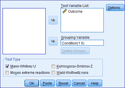 Type the given data into the SPSS work sheet. Perform Mann-Whitney test for the given data. Under this test the null and alternative hypotheses are, The population parameters are identical. The population parameters are not identical. Let us assume the level of significance is Use SPSS to test the null hypothesis and to find the test statistic value. Instructions: 1. Go to And specify the Test variable List (Outcome) and Grouping Variable: Condition (1, 6) 2. Check Mann-Whitney U and click Ok. By following the above instructions to get the output as follows: From the above output we have the test statistic value as And the corresponding P -value is 0.013. Since the calculated P -value is less than the level of significance 0.05 we reject the null hypothesis and conclude that the population parameters are not identical.