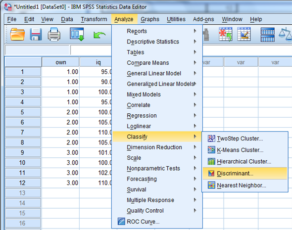 Using SPSS, the discriminant analysis for another example data is shown below: 1) Select Analyze, Classify, Discriminant. 2) When Discriminant Analysis dialog box appears, enter Own in Grouping variable text box, click Define range then bcontinue. Enter iq, yrsed in independent variable text box. 3) Click Statistics then continue. 4) Click Classify and select some options shown in the below widow and then continue. 5) Click OK We get the following output: 1) From the output, Fishers discriminant functions that can be used to classify each case is shown below: 2) Consider the below output: From the above output, it can be seen that overall success rate of classifying the cases in the sample is 83.3% 3) Consider the below screen shoot: From the above output, it can be seen that overall success rate of classifying the cases in the sample is 83.3% 4) The prediction classification for case 1 is, From the above results the largest value is corresponds to , so the case is classified as category 3 a renter. The prediction classification for case 2 is, From the above results the largest value is corresponds to , so the case is classified as category 1 a non-owner.