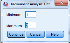 Using SPSS, the discriminant analysis for another example data is shown below: 1) Select Analyze, Classify, Discriminant. 2) When Discriminant Analysis dialog box appears, enter Own in Grouping variable text box, click Define range then bcontinue. Enter iq, yrsed in independent variable text box. 3) Click Statistics then continue. 4) Click Classify and select some options shown in the below widow and then continue. 5) Click OK We get the following output: 1) From the output, Fishers discriminant functions that can be used to classify each case is shown below: 2) Consider the below output: From the above output, it can be seen that overall success rate of classifying the cases in the sample is 83.3% 3) Consider the below screen shoot: From the above output, it can be seen that overall success rate of classifying the cases in the sample is 83.3% 4) The prediction classification for case 1 is, From the above results the largest value is corresponds to , so the case is classified as category 3 a renter. The prediction classification for case 2 is, From the above results the largest value is corresponds to , so the case is classified as category 1 a non-owner.
