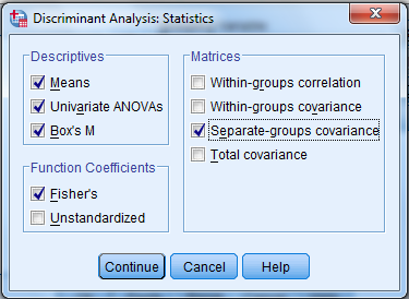 Using SPSS, the discriminant analysis for another example data is shown below: 1) Select Analyze, Classify, Discriminant. 2) When Discriminant Analysis dialog box appears, enter Own in Grouping variable text box, click Define range then bcontinue. Enter iq, yrsed in independent variable text box. 3) Click Statistics then continue. 4) Click Classify and select some options shown in the below widow and then continue. 5) Click OK We get the following output: 1) From the output, Fishers discriminant functions that can be used to classify each case is shown below: 2) Consider the below output: From the above output, it can be seen that overall success rate of classifying the cases in the sample is 83.3% 3) Consider the below screen shoot: From the above output, it can be seen that overall success rate of classifying the cases in the sample is 83.3% 4) The prediction classification for case 1 is, From the above results the largest value is corresponds to , so the case is classified as category 3 a renter. The prediction classification for case 2 is, From the above results the largest value is corresponds to , so the case is classified as category 1 a non-owner.