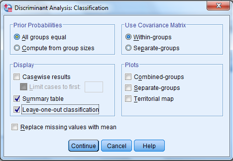 Using SPSS, the discriminant analysis for another example data is shown below: 1) Select Analyze, Classify, Discriminant. 2) When Discriminant Analysis dialog box appears, enter Own in Grouping variable text box, click Define range then bcontinue. Enter iq, yrsed in independent variable text box. 3) Click Statistics then continue. 4) Click Classify and select some options shown in the below widow and then continue. 5) Click OK We get the following output: 1) From the output, Fishers discriminant functions that can be used to classify each case is shown below: 2) Consider the below output: From the above output, it can be seen that overall success rate of classifying the cases in the sample is 83.3% 3) Consider the below screen shoot: From the above output, it can be seen that overall success rate of classifying the cases in the sample is 83.3% 4) The prediction classification for case 1 is, From the above results the largest value is corresponds to , so the case is classified as category 3 a renter. The prediction classification for case 2 is, From the above results the largest value is corresponds to , so the case is classified as category 1 a non-owner.